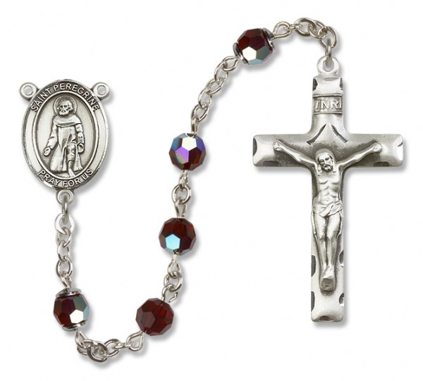 St. Peregrine Laziosi Sterling Silver Heirloom Rosary Squared Crucifix - Garnet