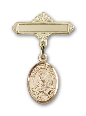 Pin Badge with Mater Dolorosa Charm and Polished Engravable Badge Pin - 14K Solid Gold