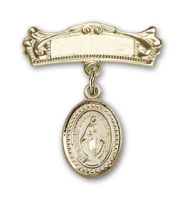 Baby Pin with Miraculous Charm and Arched Polished Engravable Badge Pin - Gold Tone