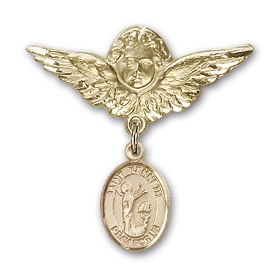 Pin Badge with St. Kenneth Charm and Angel with Larger Wings Badge Pin - Gold Tone
