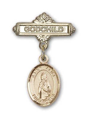 Pin Badge with St. Alice Charm and Godchild Badge Pin - 14K Solid Gold
