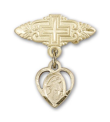 Pin Badge with Guardian Angel Charm and Badge Pin with Cross - 14K Solid Gold