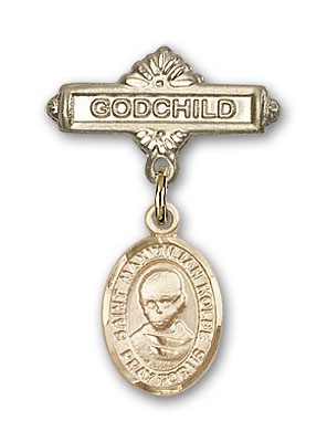 Pin Badge with St. Maximilian Kolbe Charm and Godchild Badge Pin - 14K Solid Gold