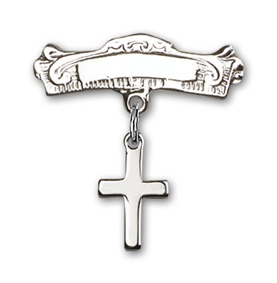 Baby Pin with Cross Charm and Arched Polished Engravable Badge Pin - Silver tone