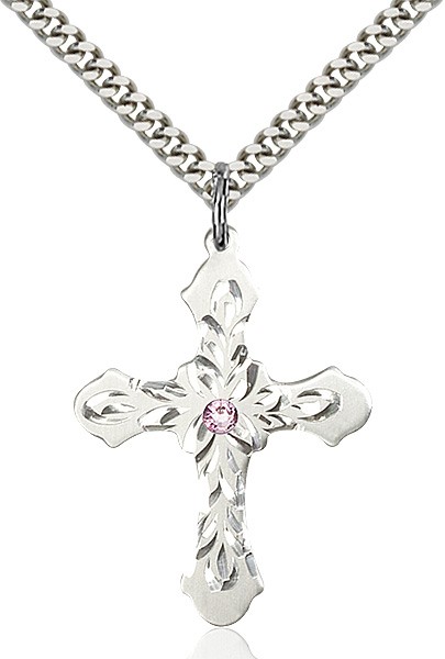 Floral and Petal Cross Pendant with Birthstone Options - Light Amethyst