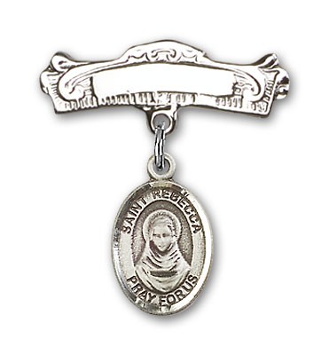 Pin Badge with St. Rebecca Charm and Arched Polished Engravable Badge Pin - Silver tone