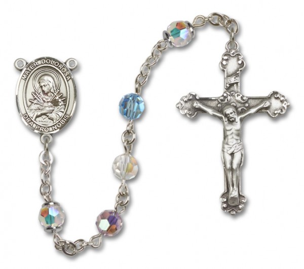 Mater Dolorosa Sterling Silver Heirloom Rosary Fancy Crucifix - Multi-Color