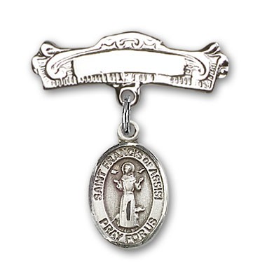 Pin Badge with St. Francis of Assisi Charm and Arched Polished Engravable Badge Pin - Silver tone
