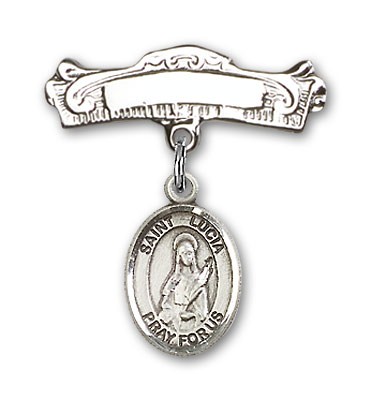 Pin Badge with St. Lucia of Syracuse Charm and Arched Polished Engravable Badge Pin - Silver tone