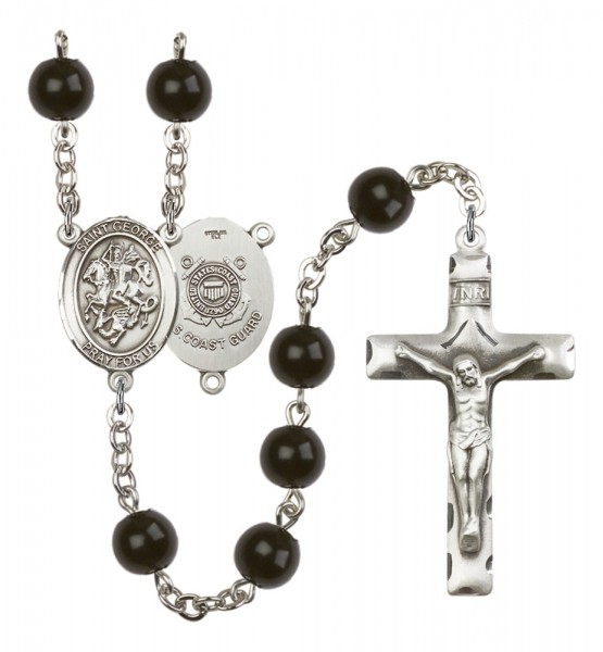 Men's St. George Coast Guard Silver Plated Rosary - Black