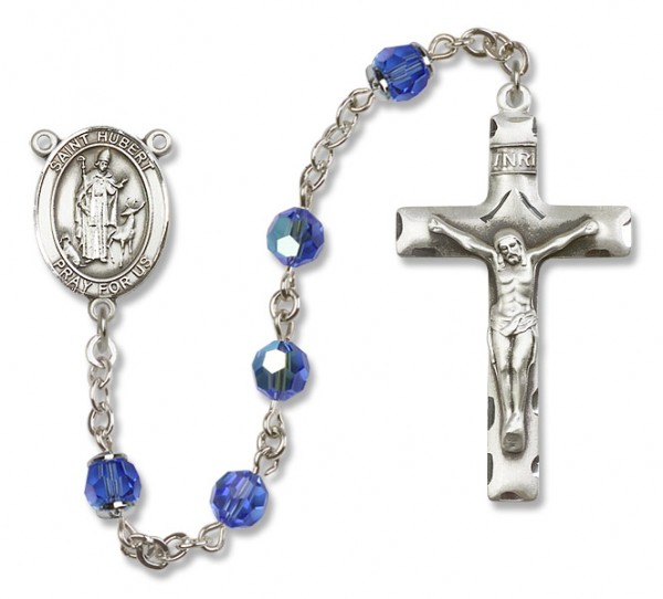 St. Hubert of Liege Sterling Silver Heirloom Rosary Squared Crucifix - Sapphire