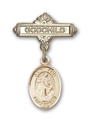 Pin Badge with St. Ann Charm and Godchild Badge Pin - 14K Solid Gold