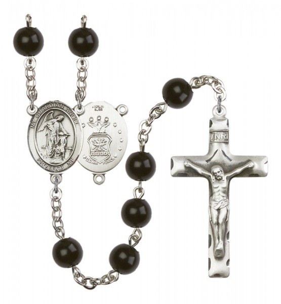 Men's Guardian Angel Air Force Silver Plated Rosary - Black