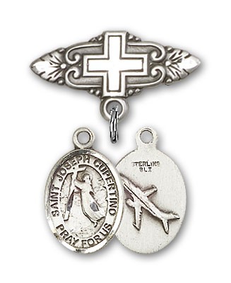 Pin Badge with St. Joseph of Cupertino Charm and Badge Pin with Cross - Silver tone
