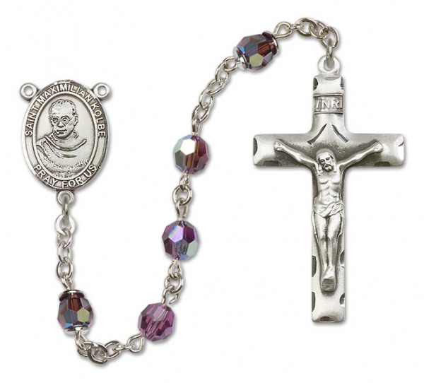 St. Maximilian Kolbe Sterling Silver Heirloom Rosary Squared Crucifix - Amethyst