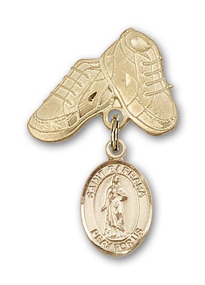 Pin Badge with St. Barbara Charm and Baby Boots Pin - 14K Solid Gold