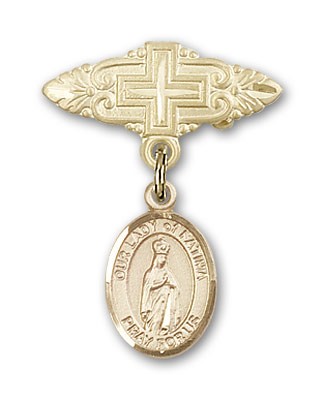Pin Badge with Our Lady of Fatima Charm and Badge Pin with Cross - 14K Solid Gold