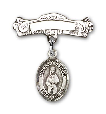 Pin Badge with Our Lady of Hope Charm and Arched Polished Engravable Badge Pin - Silver tone
