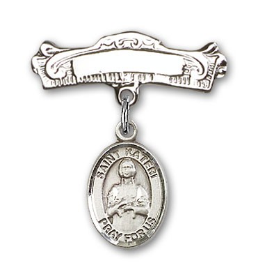 Pin Badge with St. Kateri Charm and Arched Polished Engravable Badge Pin - Silver tone