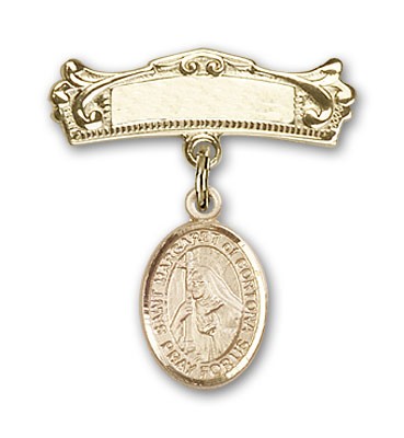 Pin Badge with St. Margaret of Cortona Charm and Arched Polished Engravable Badge Pin - Gold Tone