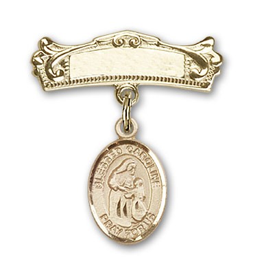 Pin Badge with Blessed Caroline Gerhardinger Charm and Arched Polished Engravable Badge Pin - Gold Tone