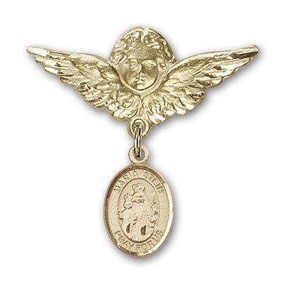 Pin Badge with Maria Stein Charm and Angel with Larger Wings Badge Pin - 14K Solid Gold