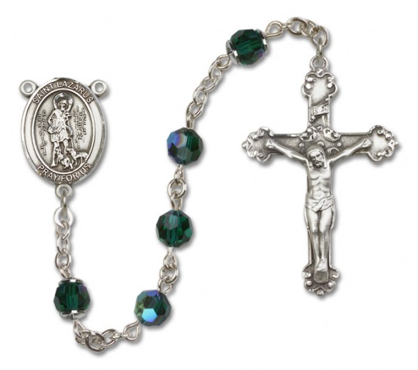 St. Lazarus Sterling Silver Heirloom Rosary Fancy Crucifix - Emerald Green