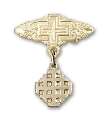 Pin Badge with Jerusalem Cross Charm and Badge Pin with Cross - 14K Solid Gold