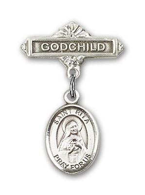 Pin Badge with St. Rita of Cascia Charm and Godchild Badge Pin - Silver tone