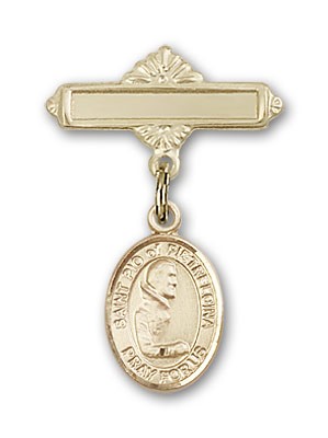 Pin Badge with St. Pio of Pietrelcina Charm and Polished Engravable Badge Pin - 14K Solid Gold