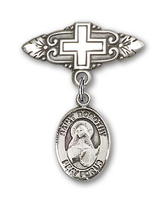 Pin Badge with St. Dorothy Charm and Badge Pin with Cross - Silver tone