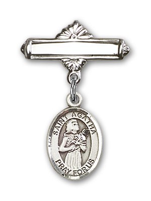 Pin Badge with St. Agatha Charm and Polished Engravable Badge Pin - Silver tone