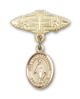 Pin Badge with Our Lady of Lebanon Charm and Badge Pin with Cross - Gold Tone