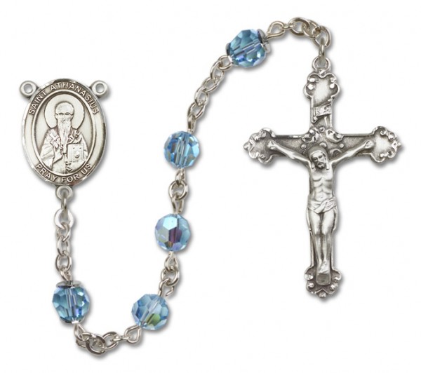 St. Athanasius Sterling Silver Heirloom Rosary Fancy Crucifix - Aqua