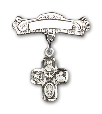 Pin Badge with 4-Way Charm and Arched Polished Engravable Badge Pin - Silver tone