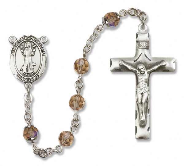 St. Francis of Assisi Sterling Silver Heirloom Rosary Squared Crucifix - Topaz