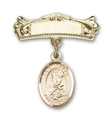 Pin Badge with St. Sarah Charm and Arched Polished Engravable Badge Pin - 14K Solid Gold