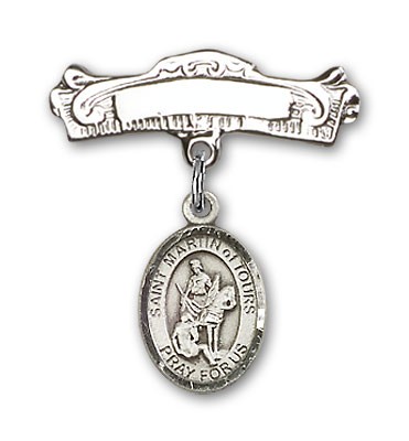Pin Badge with St. Martin of Tours Charm and Arched Polished Engravable Badge Pin - Silver tone