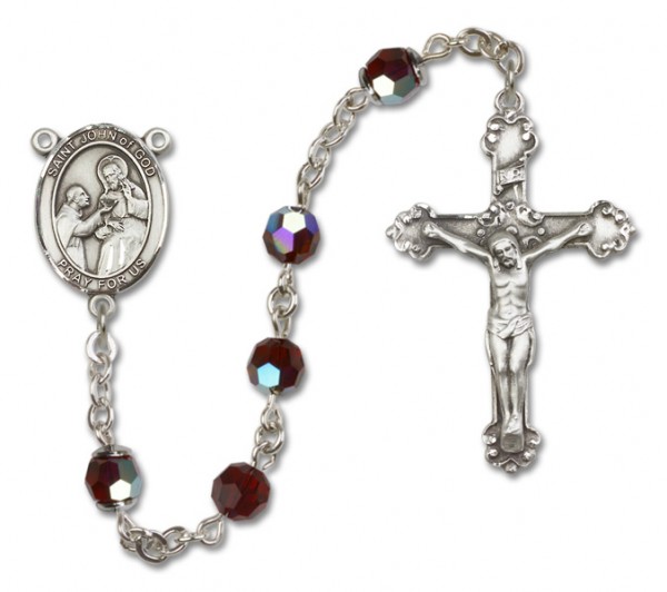 St. John of God Sterling Silver Heirloom Rosary Fancy Crucifix - Garnet