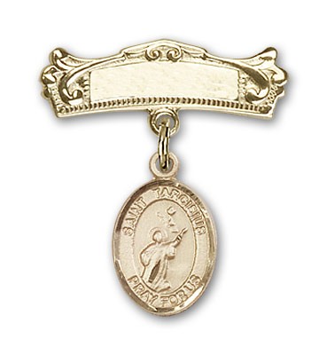 Pin Badge with St. Tarcisius Charm and Arched Polished Engravable Badge Pin - Gold Tone