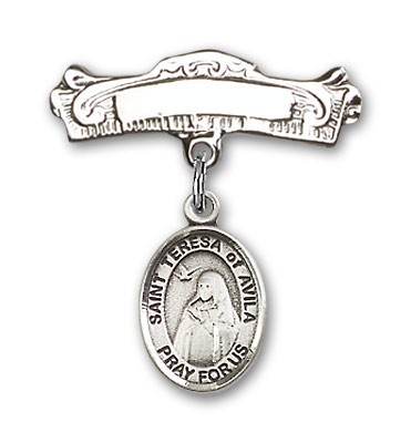 Pin Badge with St. Teresa of Avila Charm and Arched Polished Engravable Badge Pin - Silver tone
