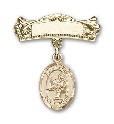Pin Badge with St. Luke the Apostle Charm and Arched Polished Engravable Badge Pin - Gold Tone