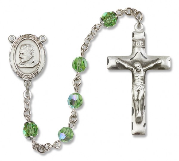 St. John Bosco Sterling Silver Heirloom Rosary Squared Crucifix - Peridot