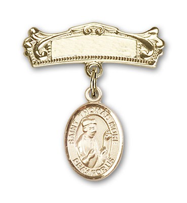 Pin Badge with St. Thomas More Charm and Arched Polished Engravable Badge Pin - Gold Tone