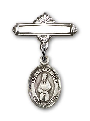 Pin Badge with Our Lady of Hope Charm and Polished Engravable Badge Pin - Silver tone