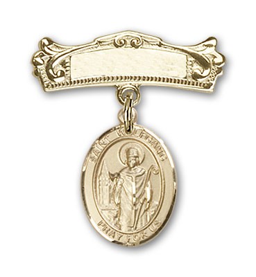 Pin Badge with St. Wolfgang Charm and Arched Polished Engravable Badge Pin - Gold Tone