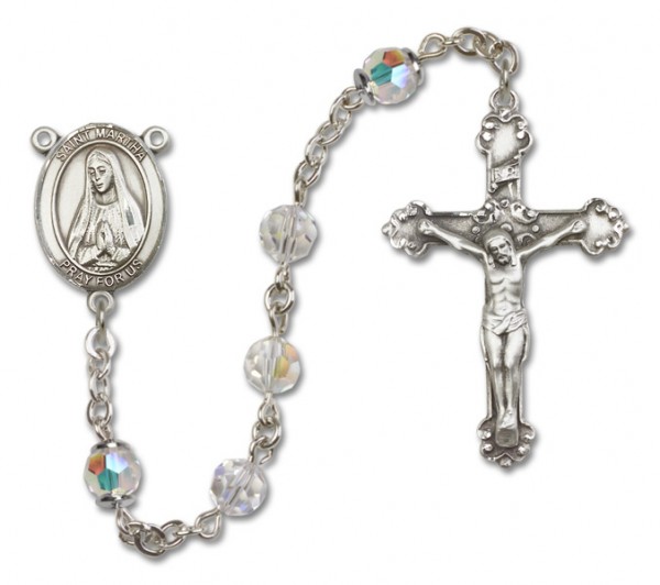 St. Martha Sterling Silver Heirloom Rosary Fancy Crucifix - Crystal