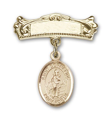 Pin Badge with St. Cornelius Charm and Arched Polished Engravable Badge Pin - Gold Tone