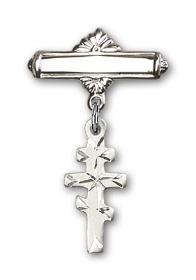 Pin Badge with Greek Orthadox Cross Charm and Polished Engravable Badge Pin - Silver tone