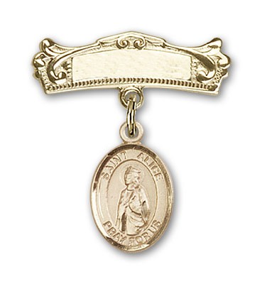Pin Badge with St. Alice Charm and Arched Polished Engravable Badge Pin - Gold Tone